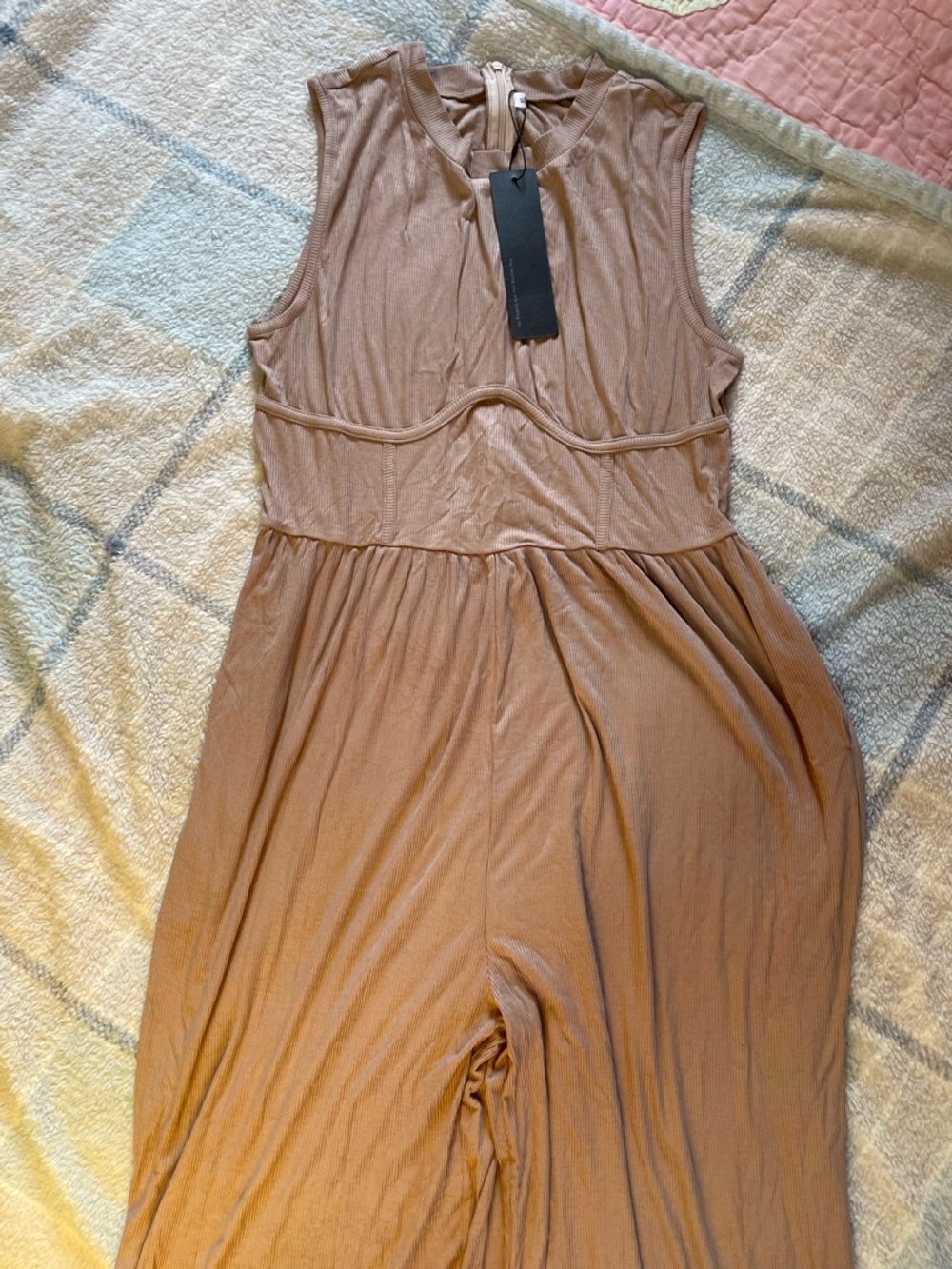 Sleeveless Taupe Flare Jumpsuit with Gathered Waist